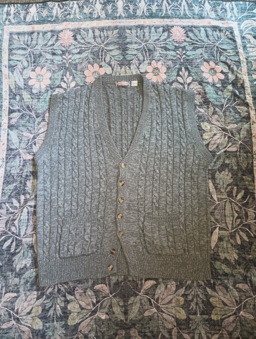 Vtg Lazarus Mens Cable Knit Button Up Cardigan Vest 3X Gray Academia Old Money